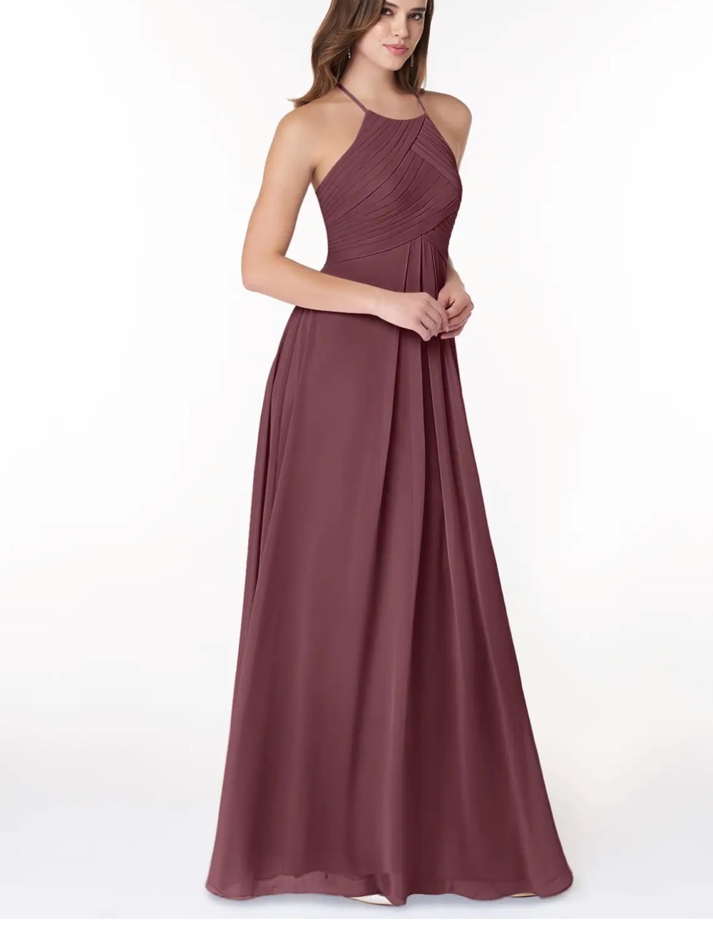 Azazie Ginger. A-Line Halter Neck Pleated Bodice Gown - Sangria